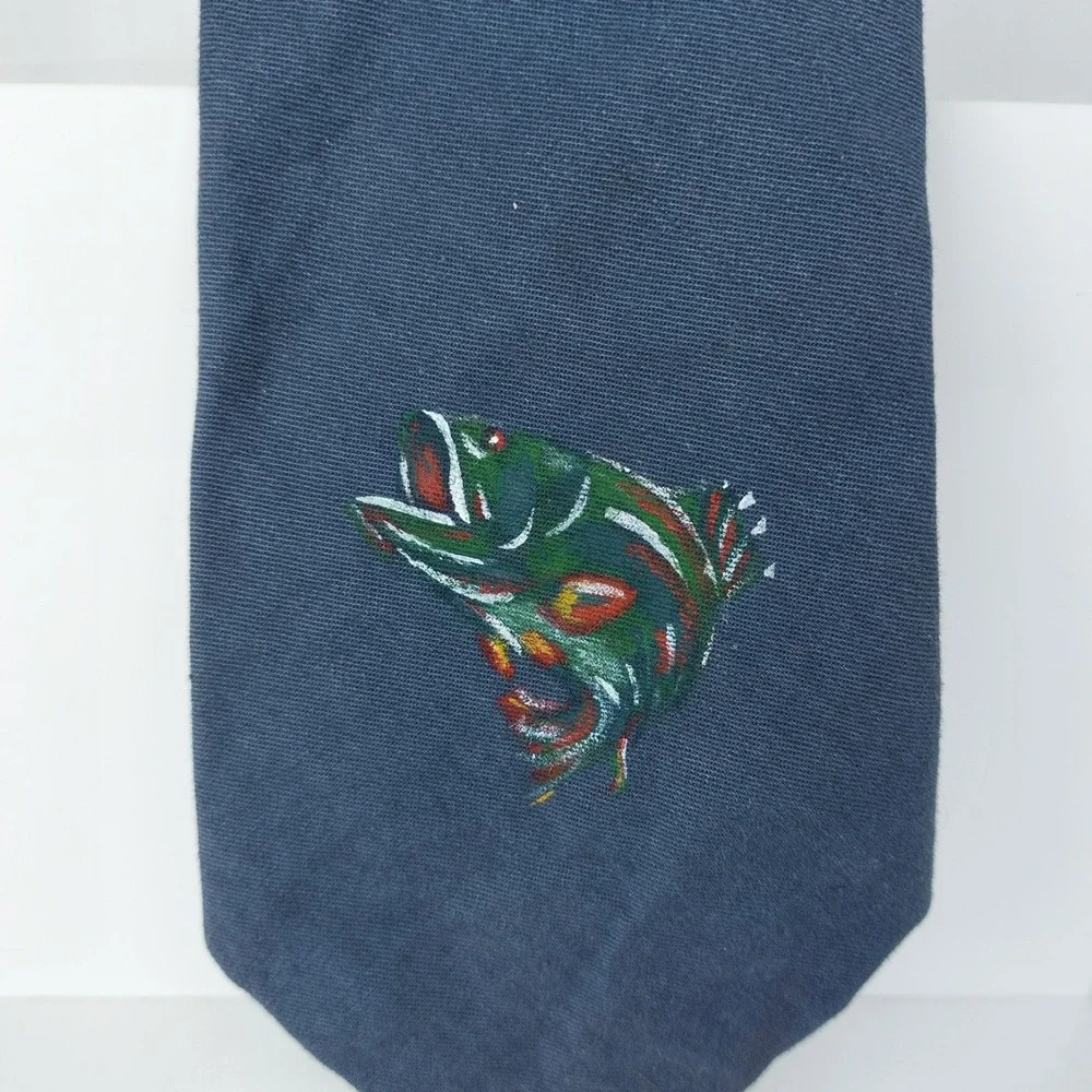 Polo Ralph Lauren‎ Mens Cotton Necktie Blue Hand Painted Bass Fish 3.5
